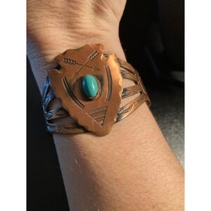 Vtg Solid Copper Turquoise Arrowhead Cuff Bracelet – Southwestern Boho Statement